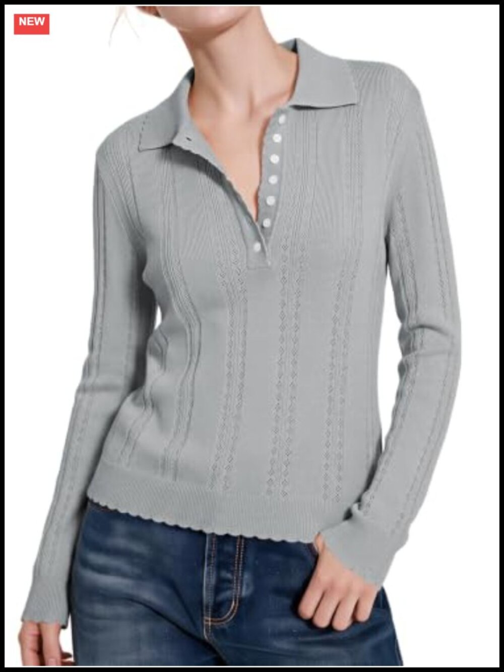 Women's Pointelle Knit Long Sleeve Polo Henley Top Cotton